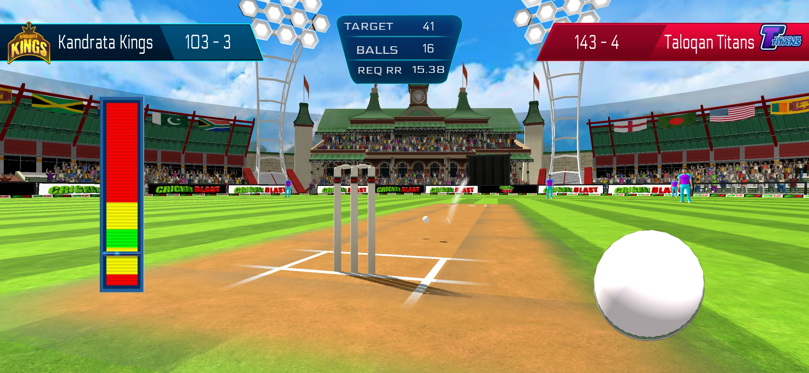 3D cricket stadium gameplay with run rate meter